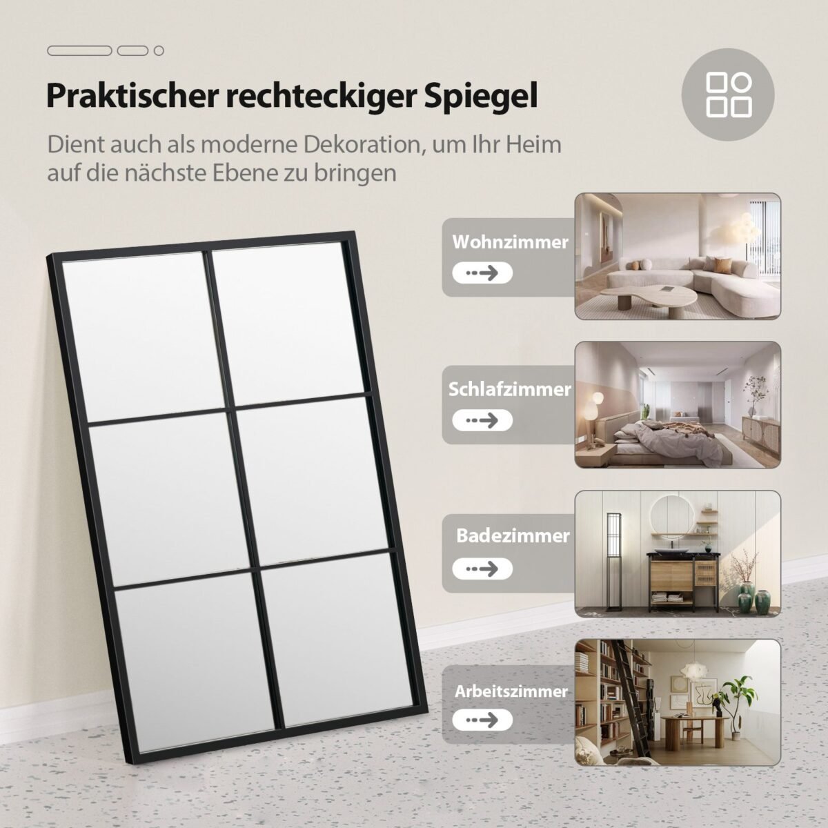 Stačiakampis veidrodis metaliniu rėmu (Juoda)