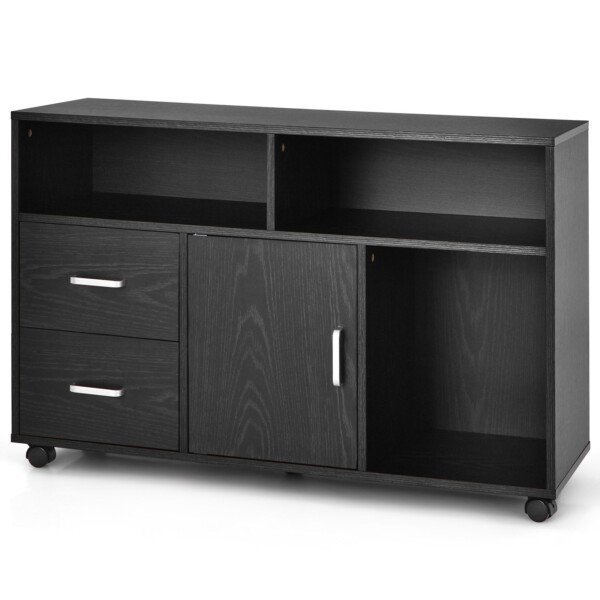 Mobilus biuro spintelė su dviem stalčiais ir trimis atviromis lentynomis (Juoda)