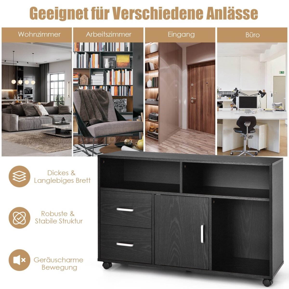 Mobilus biuro spintelė su dviem stalčiais ir trimis atviromis lentynomis (Juoda)