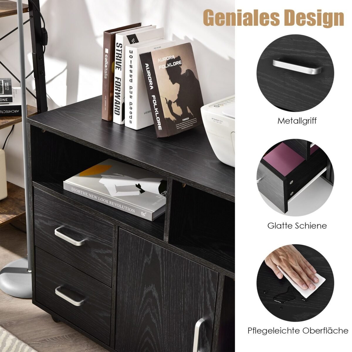 Mobilus biuro spintelė su dviem stalčiais ir trimis atviromis lentynomis (Juoda)