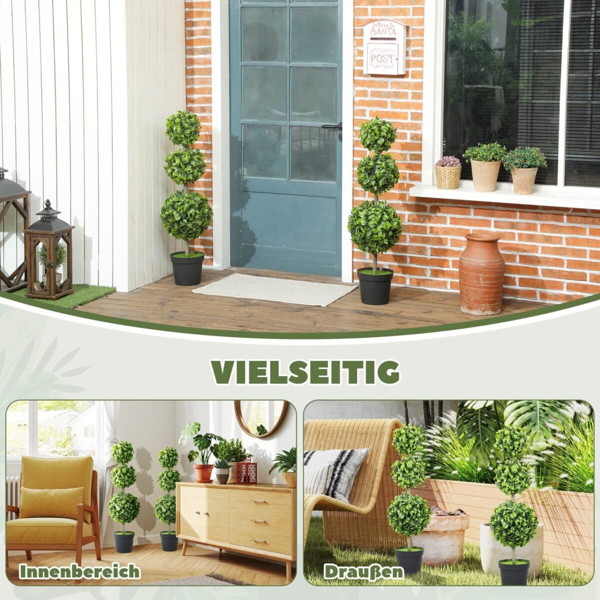 UV atsparūs dirbtiniai topiarai su 3 rutuliais vazonuose, 2 vnt., 100 cm aukščio