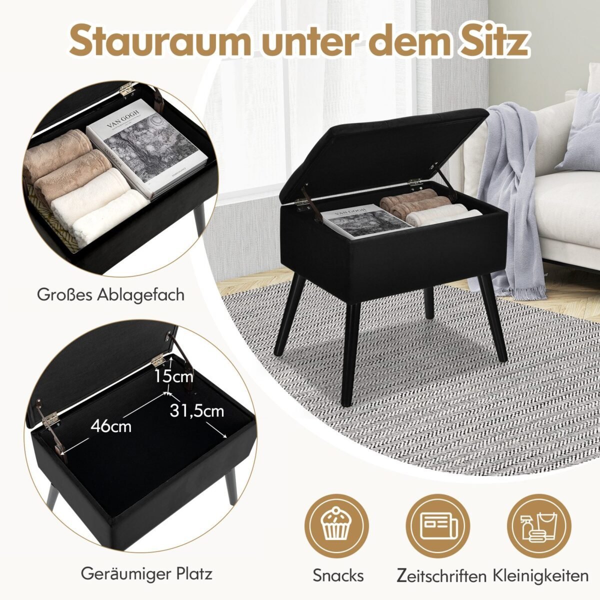 Apdarytas pufas su daiktadėže juodas (Juoda)