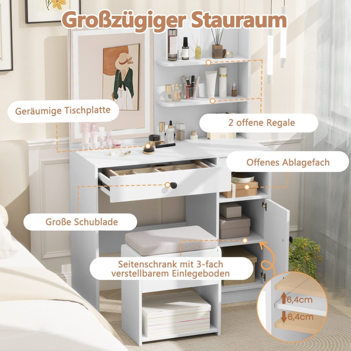 Tualetinis staliukas su veidrodžiu ir apšvietimu (Balta)