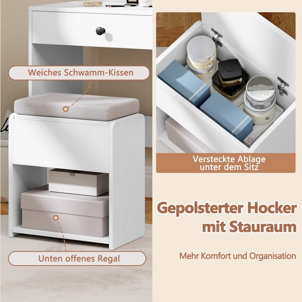 Tualetinis staliukas su veidrodžiu ir apšvietimu (Balta)