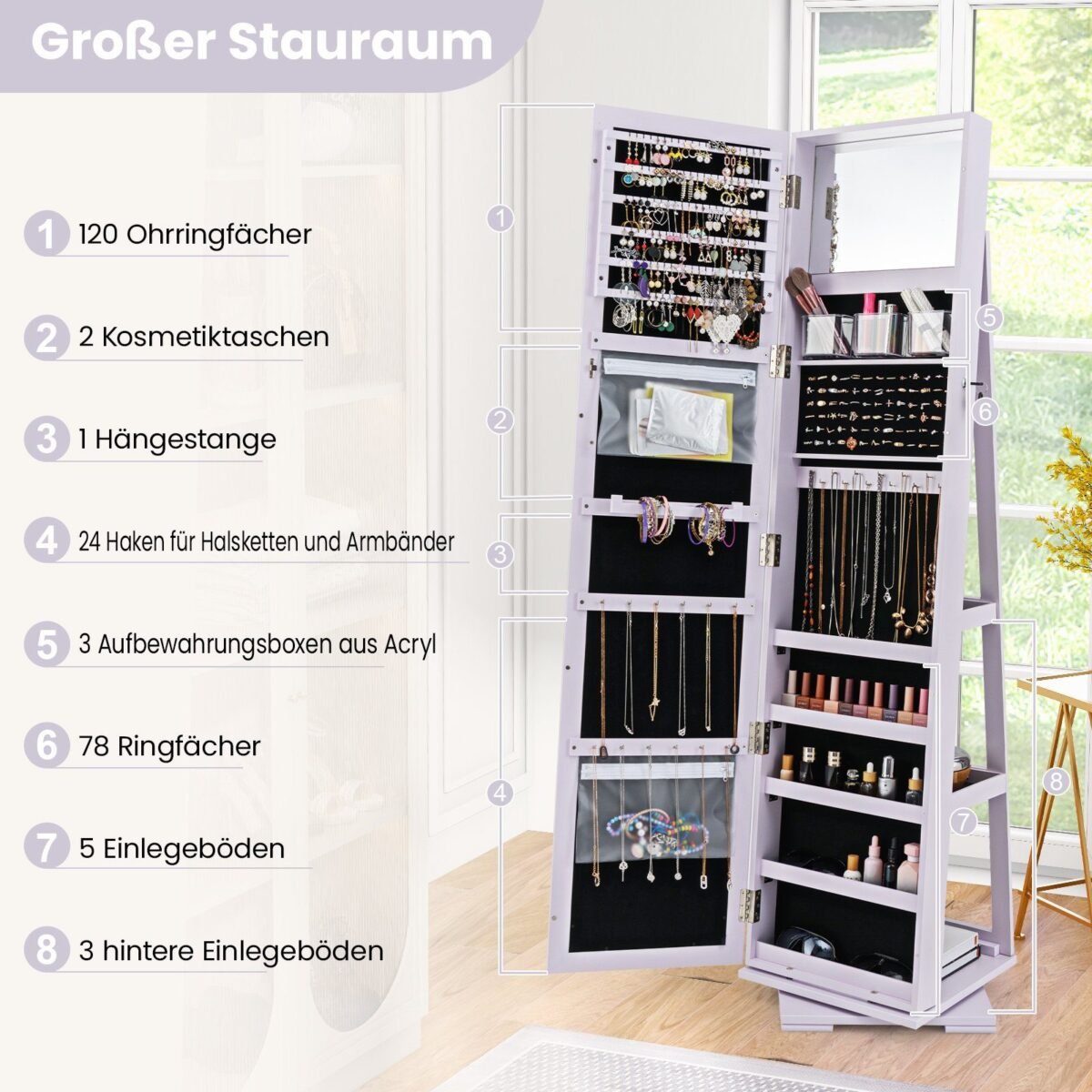 Spintelė su veidrodžiu ir makiažo veidrodėliu (Violetinė)