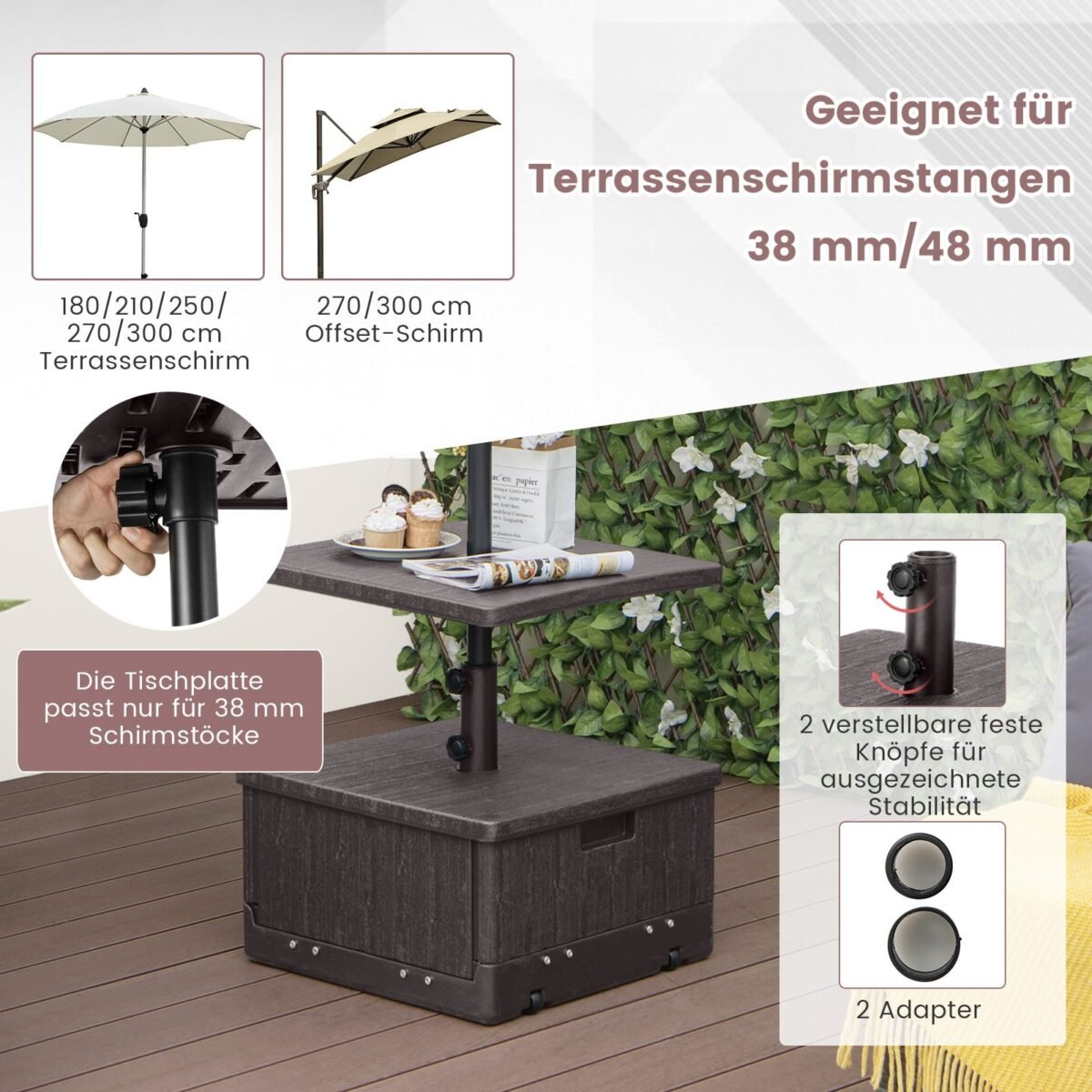 Skėčių stovas su staleliu ir ratukais (Ruda)