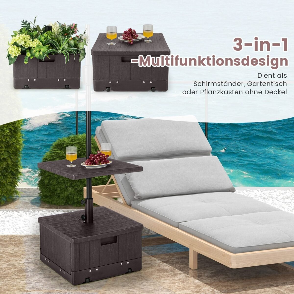 Skėčių stovas su staleliu ir ratukais (Ruda)