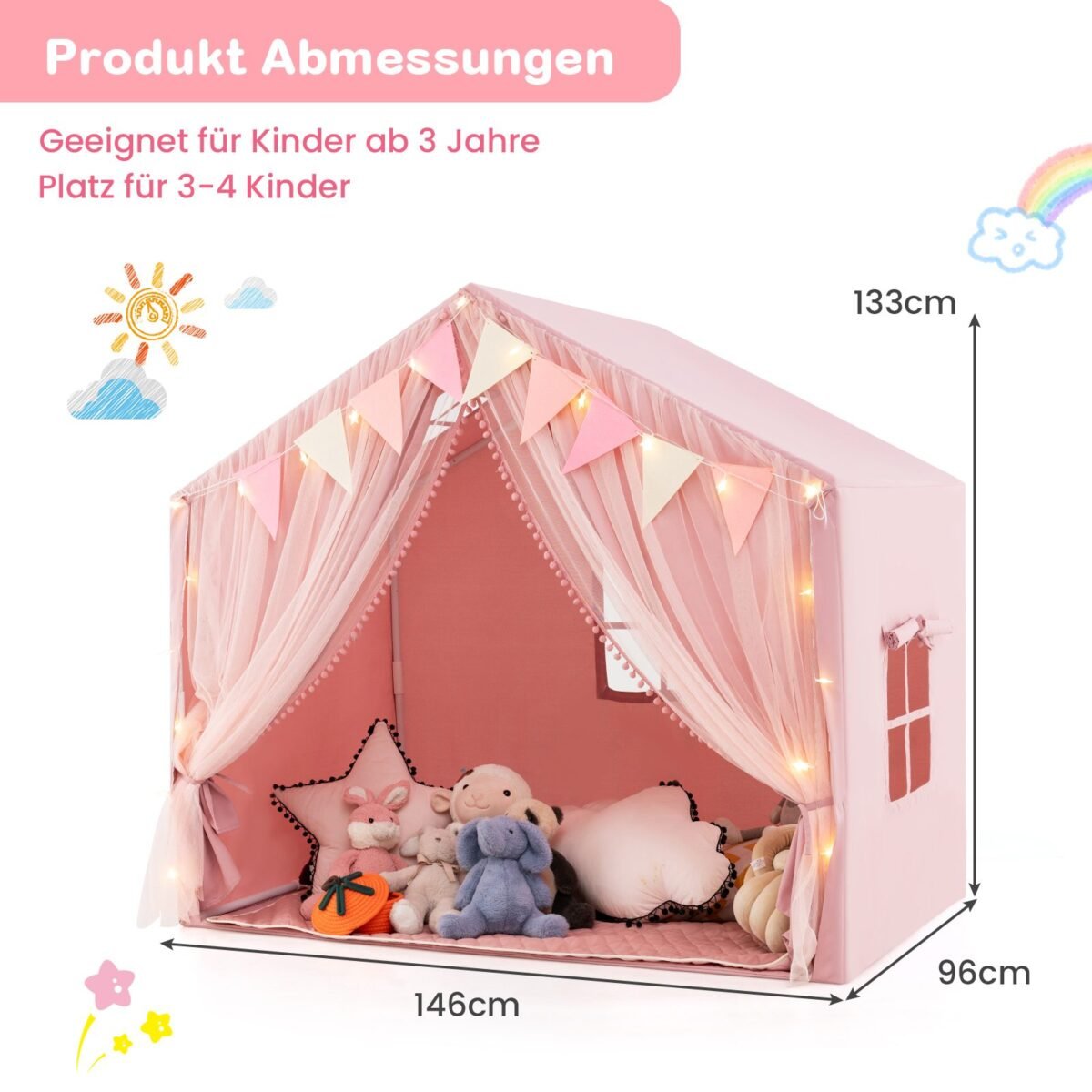 Žaidimų palapinė su dvigubomis užuolaidomis ir girlianda (Rožinė)