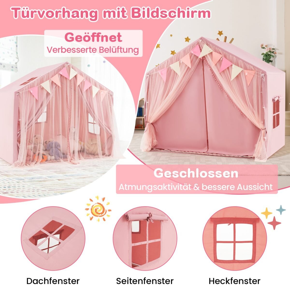 Žaidimų palapinė su dvigubomis užuolaidomis ir girlianda (Rožinė)