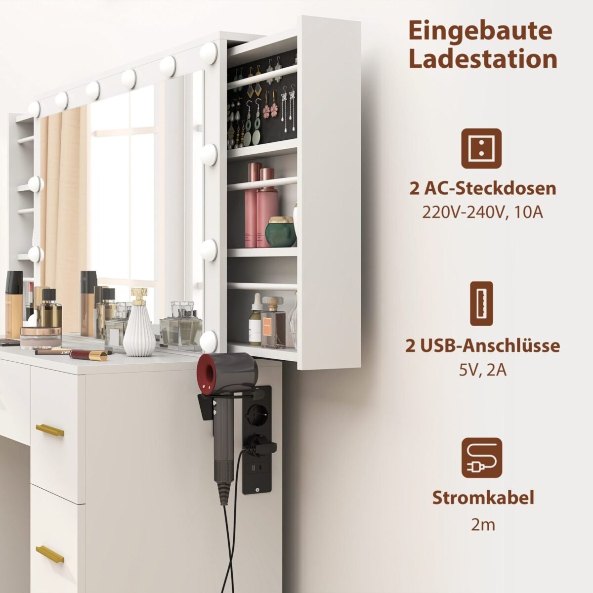 Kompaktiškas makiažo staliukas su 7 stalčiais ir LED apšvietimu