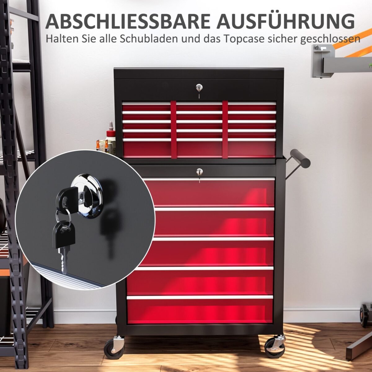 Plieninė dviejų dalių rakinama įrankių spintelė su ratukais