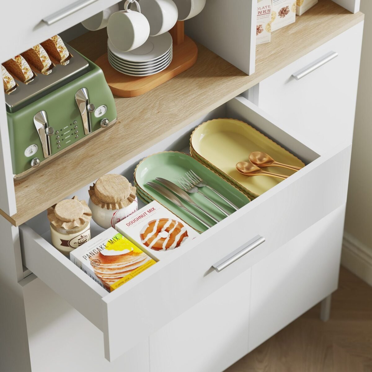 Virtuvės spinta su vyno lentyna ir atviromis lentynomis