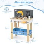 Medinė vaikų dirbtuvių stotis su lenta ir lentynomis (Spalvinga)