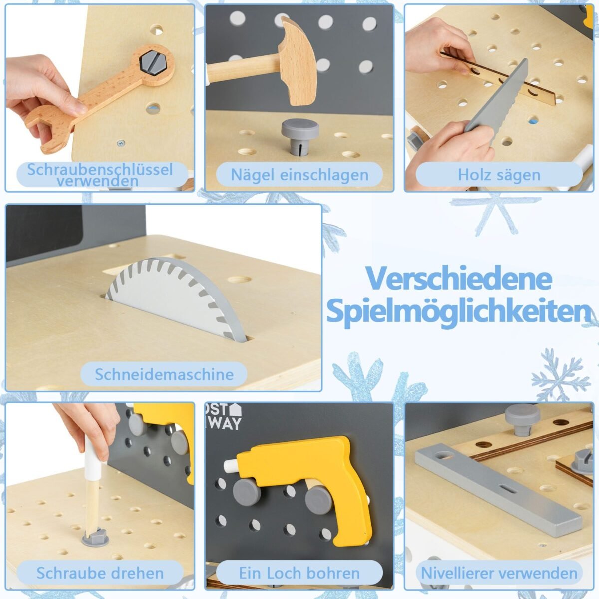 Medinė vaikų dirbtuvių stotis su lenta ir lentynomis (Spalvinga)