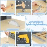 Medinė vaikų dirbtuvių stotis su lenta ir lentynomis (Spalvinga)