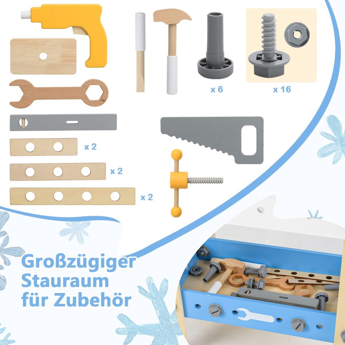 Medinė vaikų dirbtuvių stotis su lenta ir lentynomis (Spalvinga)