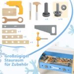 Medinė vaikų dirbtuvių stotis su lenta ir lentynomis (Spalvinga)