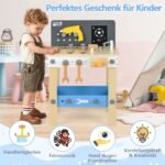 Medinė vaikų dirbtuvių stotis su lenta ir lentynomis (Spalvinga)