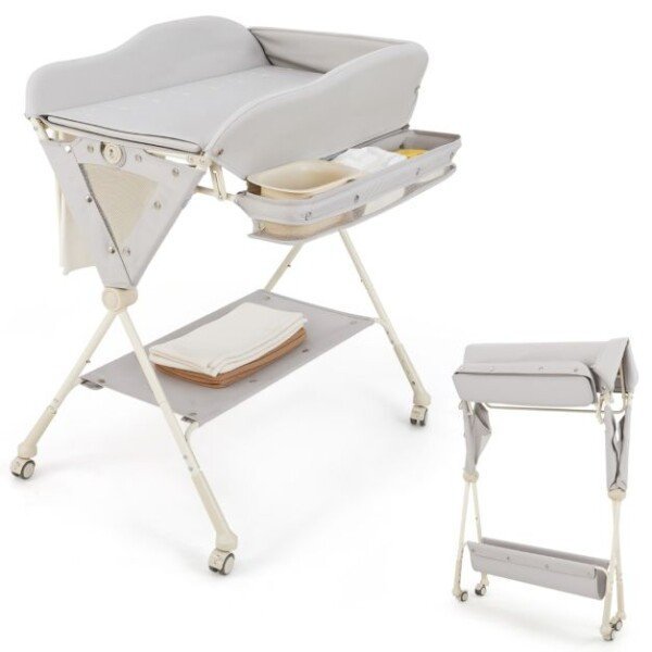 Daugiafunkcis sulankstomas vystymo stalas su laikymo krepšiu ir praustuvėliu (Pilka)