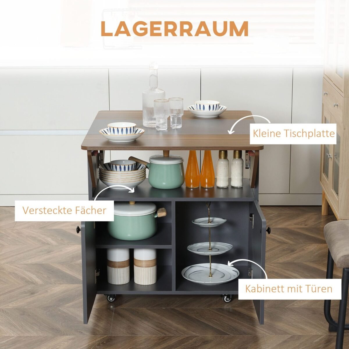 Daugiafunkcis sulankstomas stalas su ratukais ir spintele