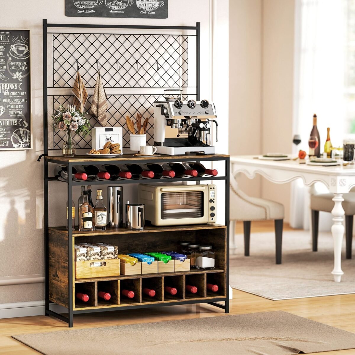 Virtuvės lentyna su darbastaliu ir vyno laikikliu