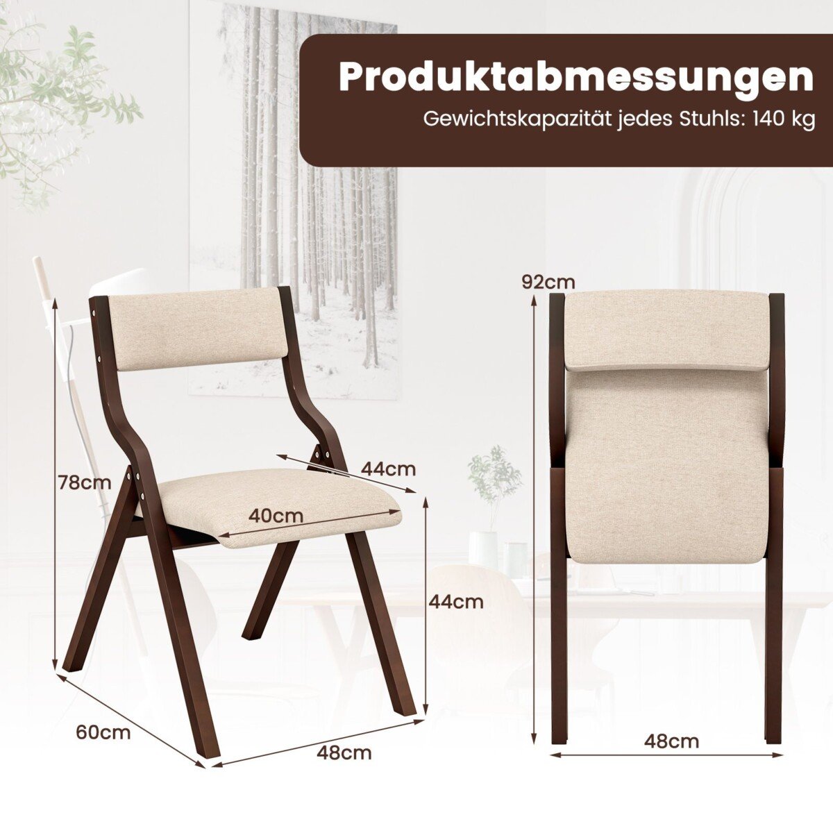 Sulankstomas virtuvės kėdžių komplektas (2 vnt.) su minkšta sėdyne ir mediniu rėmu (Ruda)