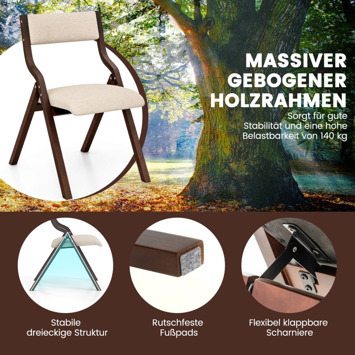 Sulankstomas virtuvės kėdžių komplektas (2 vnt.) su minkšta sėdyne ir mediniu rėmu (Ruda)