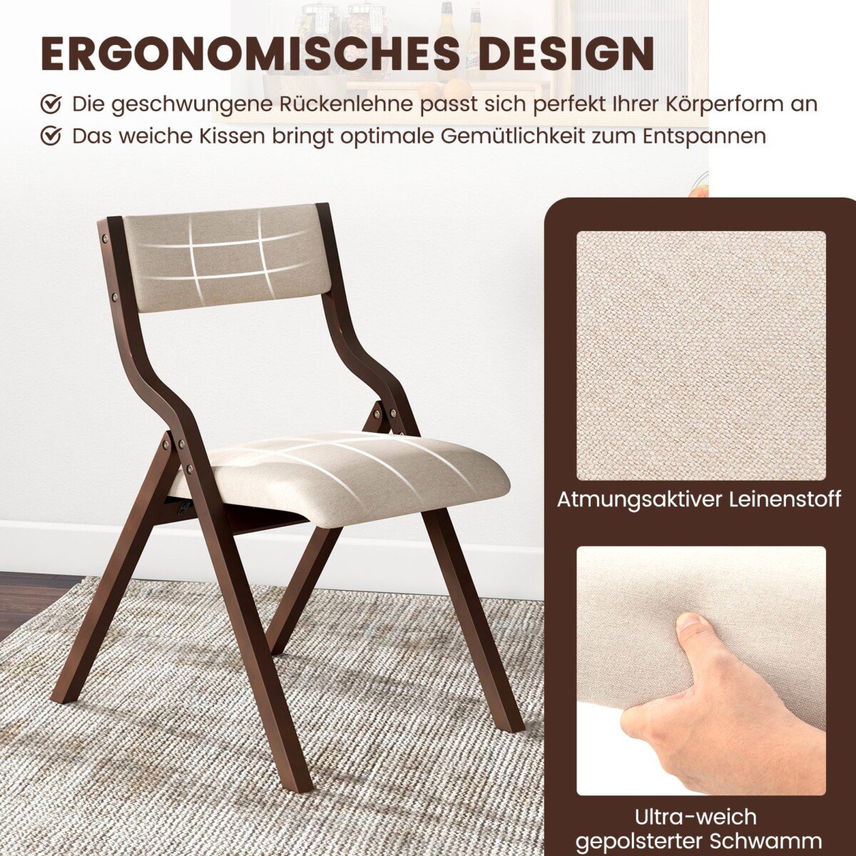 Sulankstomas virtuvės kėdžių komplektas (2 vnt.) su minkšta sėdyne ir mediniu rėmu (Ruda)