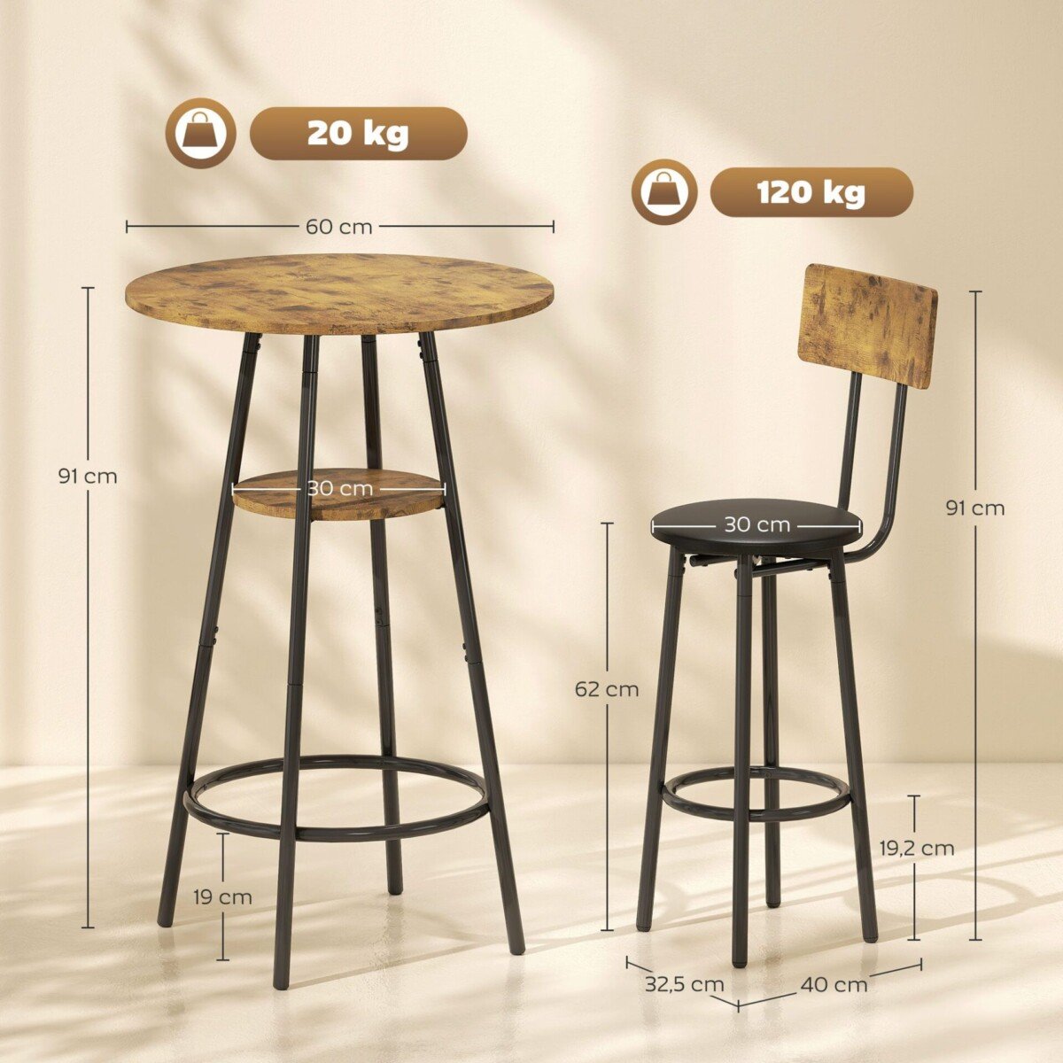 3 dalių baro stalo komplektas su paminkštintomis kėdėmis ir lentyna