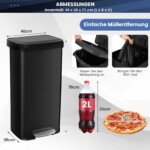 Didelė 68 l nerūdijančio plieno šiukšliadėžė su lėtai užsidarančiu dangčiu (Juoda)