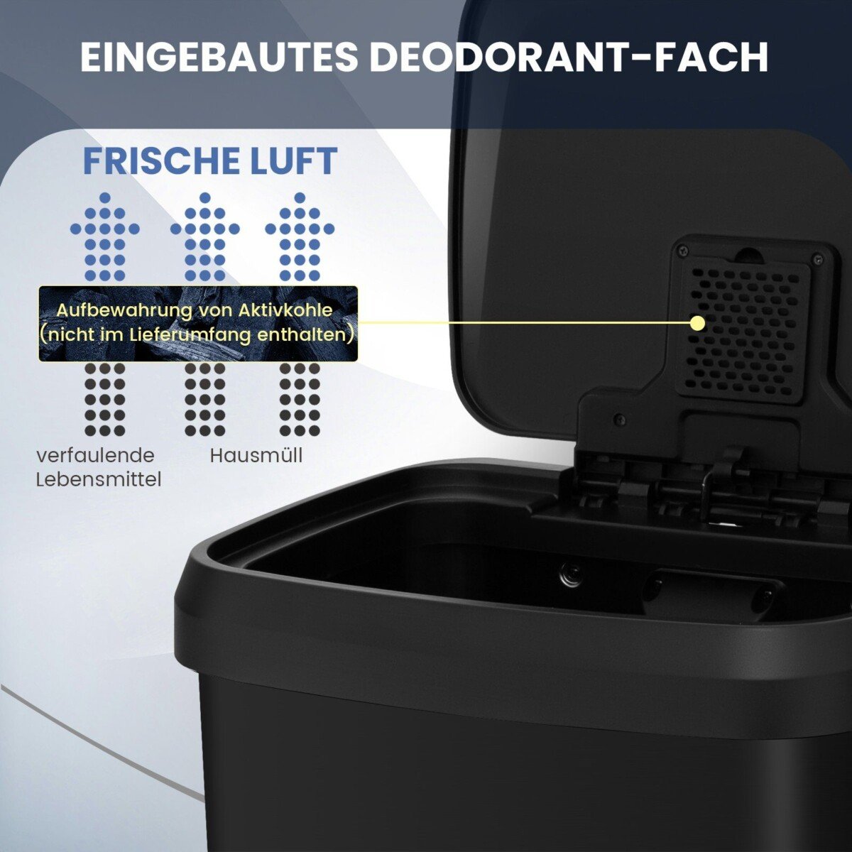 Didelė 68 l nerūdijančio plieno šiukšliadėžė su lėtai užsidarančiu dangčiu (Juoda)