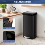 Didelė 68 l nerūdijančio plieno šiukšliadėžė su lėtai užsidarančiu dangčiu (Juoda)