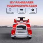 Elektrinis vaikiškas gaisrinis automobilis su sirena, mėlyna šviesa ir ugniagesio įrankiais