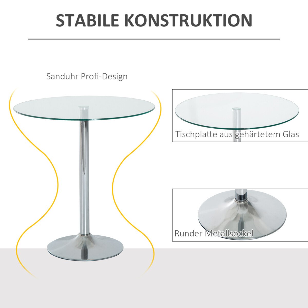 Apvalus valgomojo stalas su stikliniu stalviršiu ir metaliniu rėmu
