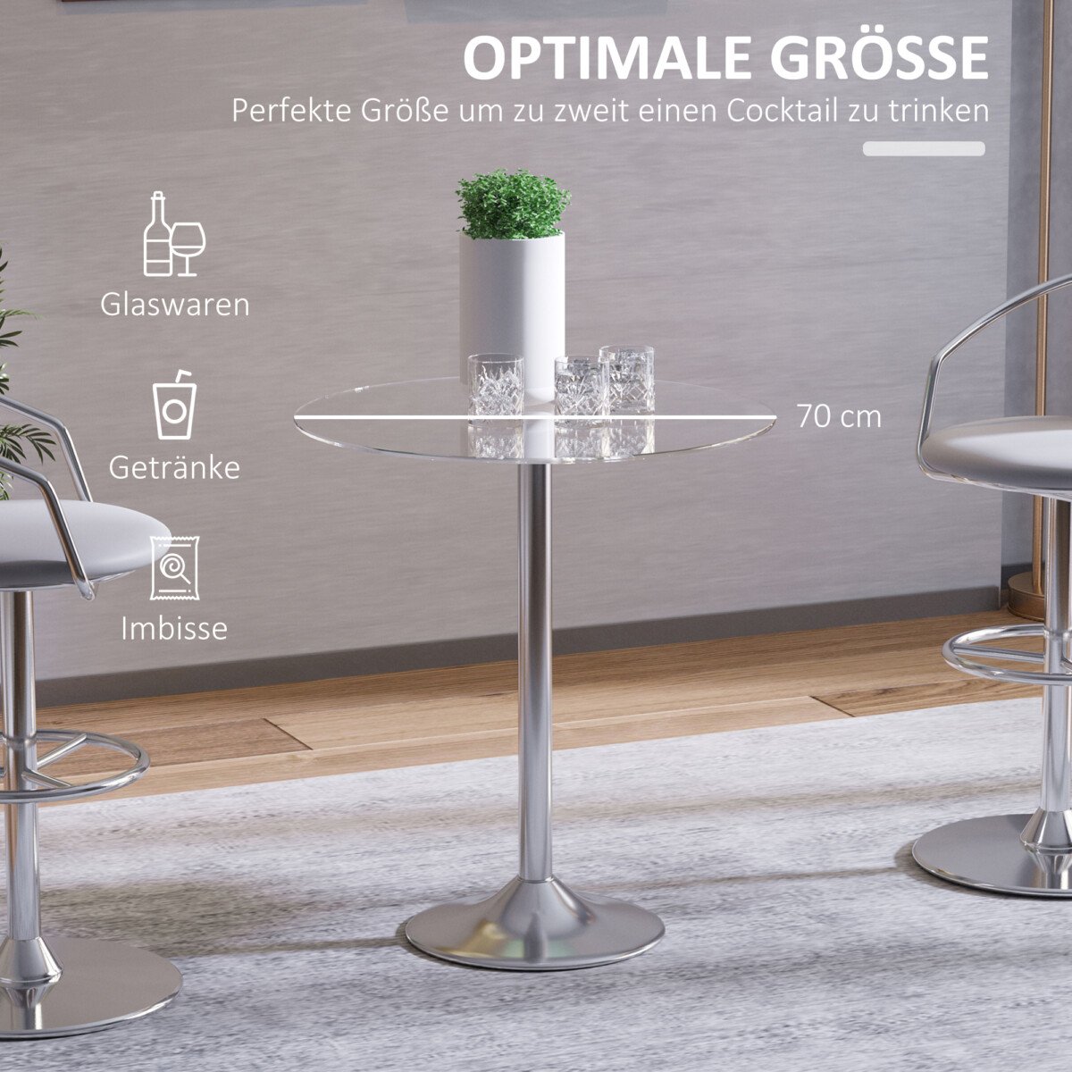 Apvalus valgomojo stalas su stikliniu stalviršiu ir metaliniu rėmu