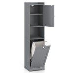 Aukšta ir siaura vonios spintelė su skalbinių dėže (Pilka)