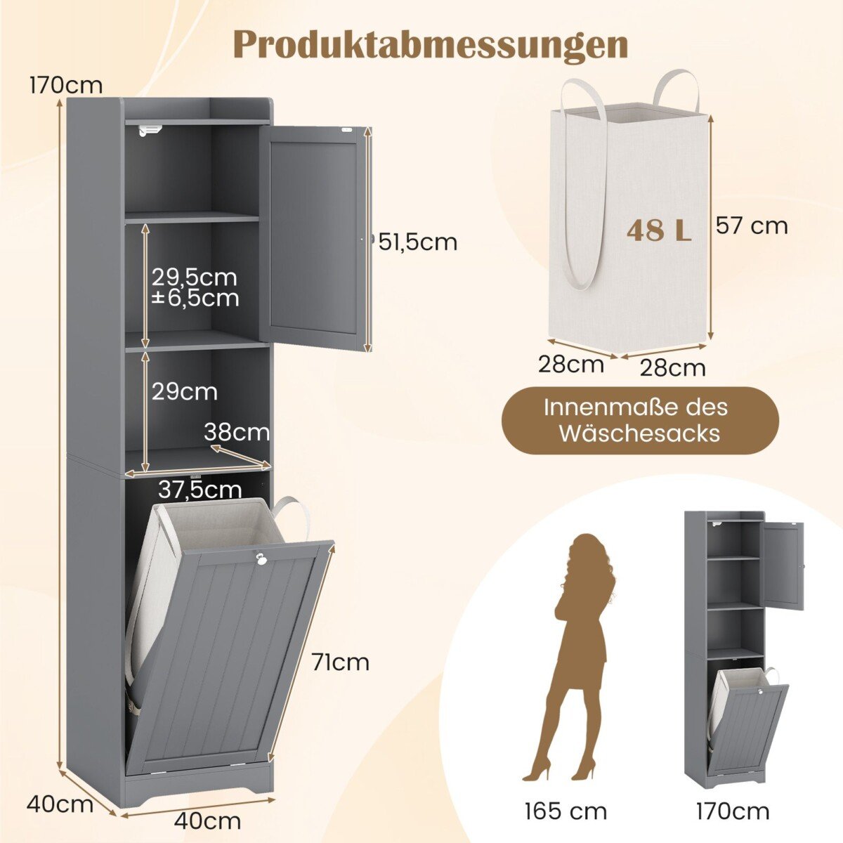 Aukšta ir siaura vonios spintelė su skalbinių dėže (Pilka)