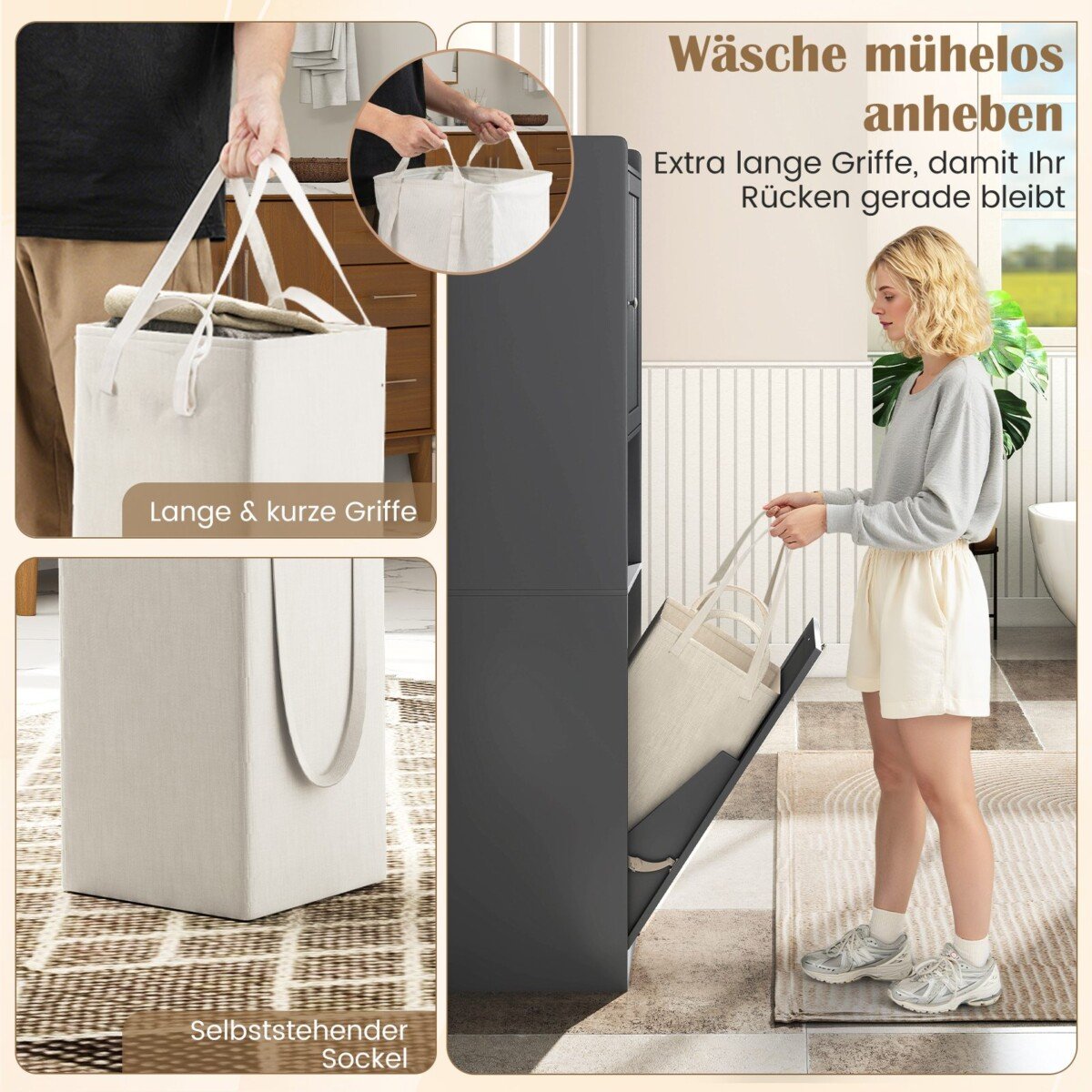 Aukšta ir siaura vonios spintelė su skalbinių dėže (Pilka)