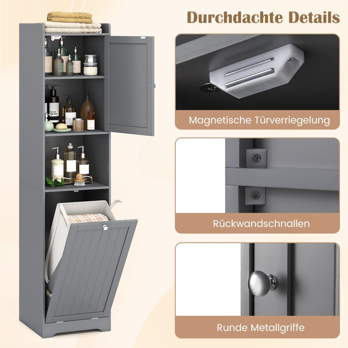 Aukšta ir siaura vonios spintelė su skalbinių dėže (Pilka)