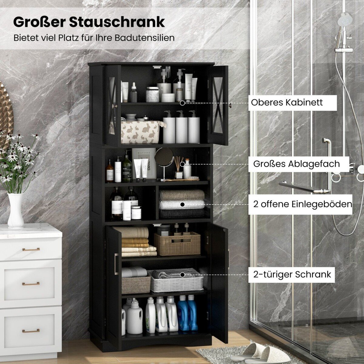 Aukšta vonios spintelė su reguliuojamomis lentynomis ir durelėmis (Juoda)