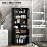 Aukšta vonios spintelė su reguliuojamomis lentynomis ir durelėmis (Juoda)