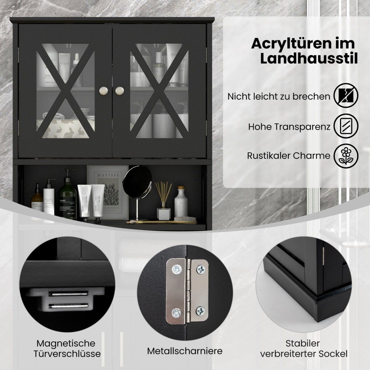 Aukšta vonios spintelė su reguliuojamomis lentynomis ir durelėmis (Juoda)