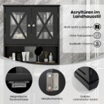 Aukšta vonios spintelė su reguliuojamomis lentynomis ir durelėmis (Juoda)