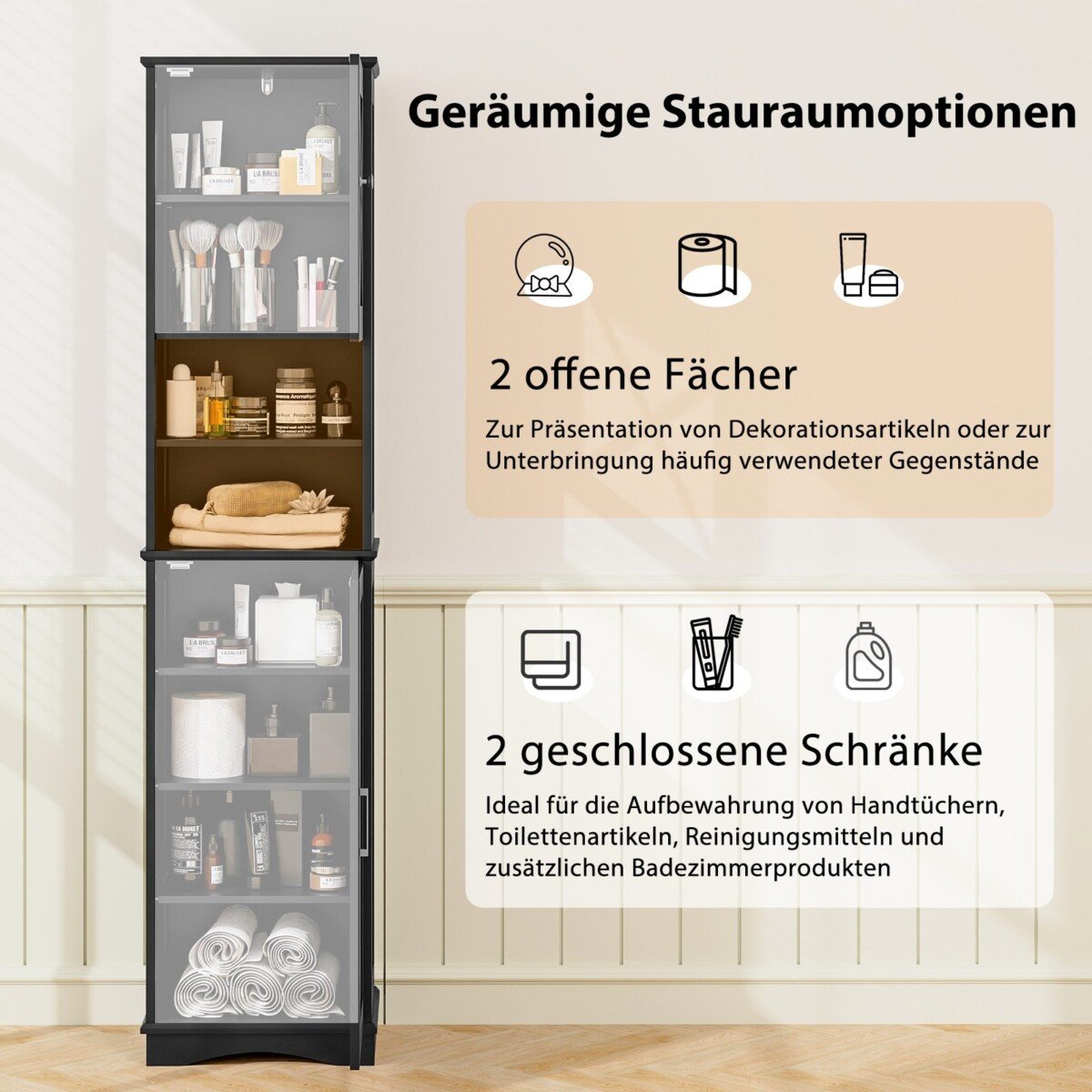 Aukštas siauras vonios sprendimas su 5 lentynomis ir 2 durelėmis (Juoda)