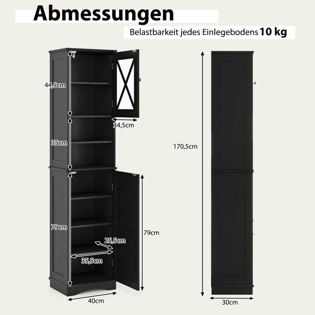 Aukštas siauras vonios sprendimas su 5 lentynomis ir 2 durelėmis (Juoda)