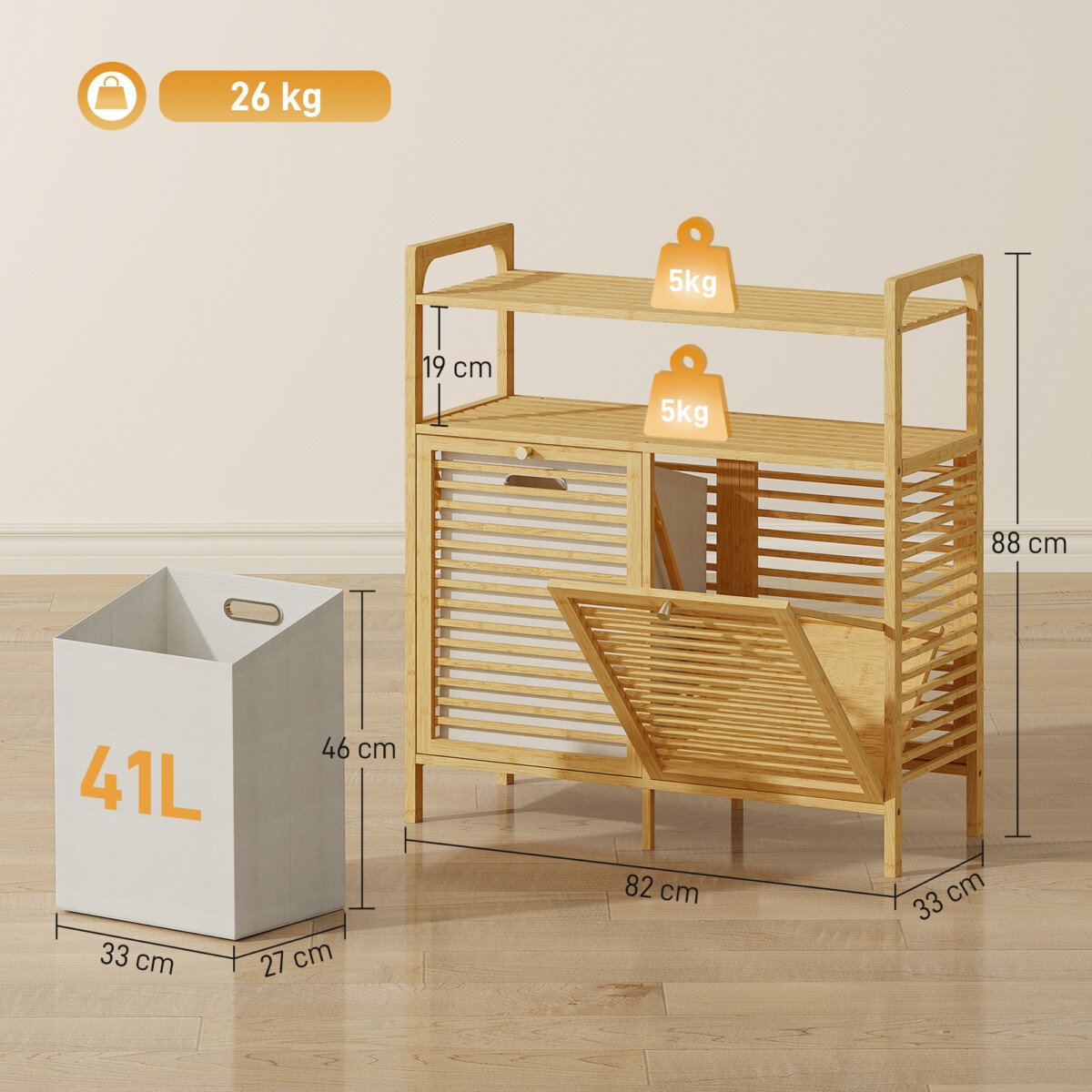 Bambukinė skalbinių spintelė su dviem išimamais krepšiais ir dviem lentynomis