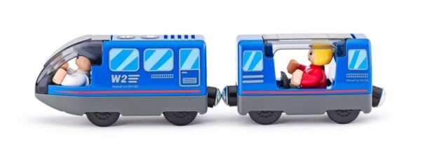 Baterijomis varomas keleivinis traukinys su mašinistu ir keleiviu