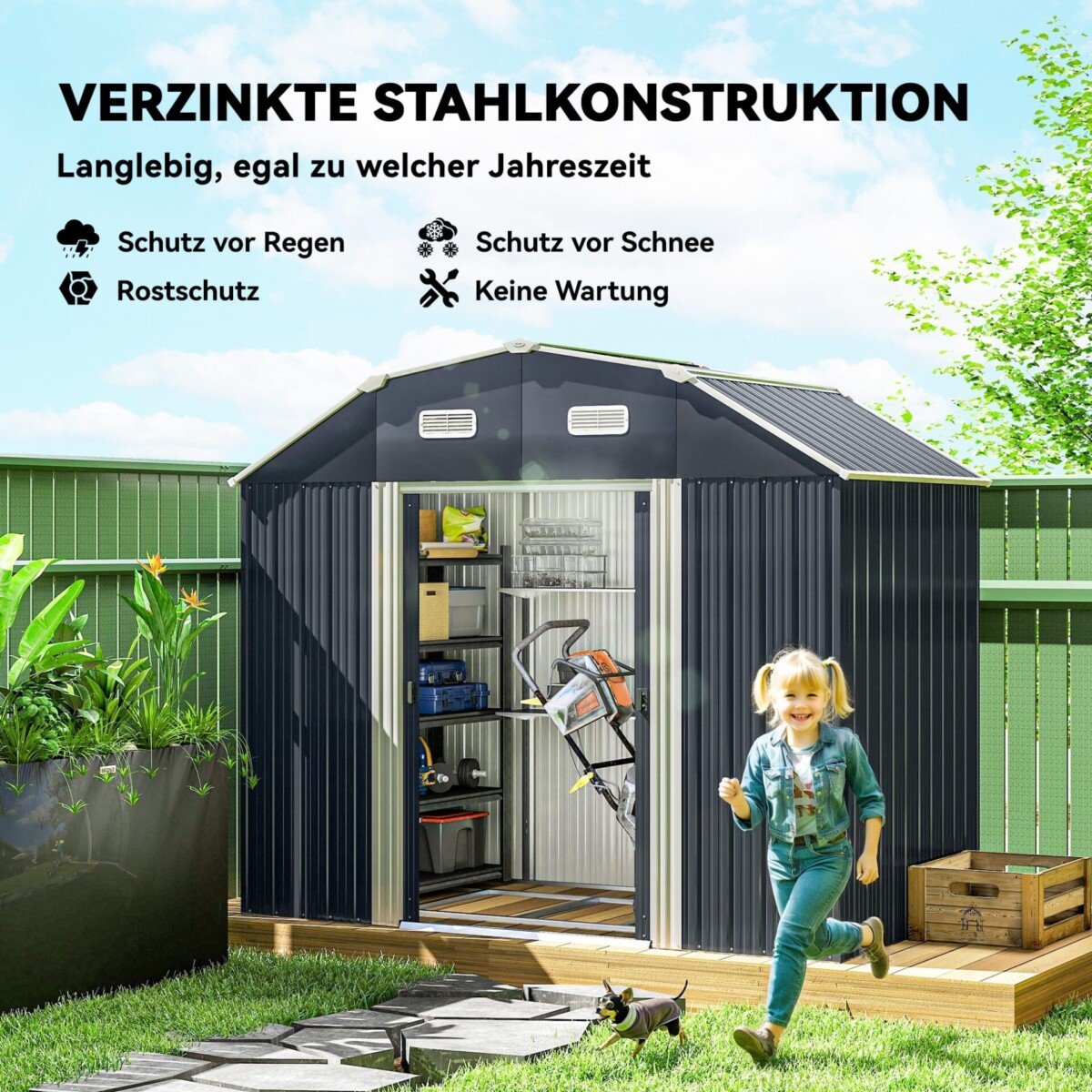 Cinkuoto plieno sodo sandėliukas su 2 ventiliaciniais langais ir 2 stumdomomis durimis