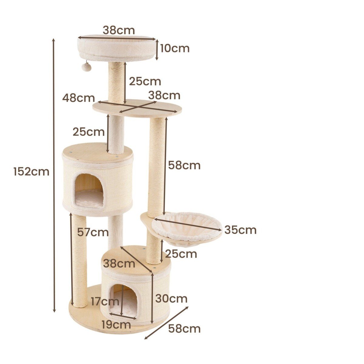 152 cm kačių namelis su 2 guoliais krepšiu ir sizalinėmis draskyklėmis (Natūrali)