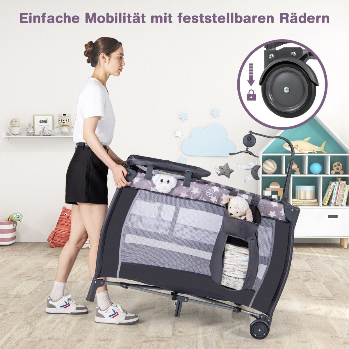 Daugiafunkcis kelioninis lopšys su čiužiniu (Pilka)